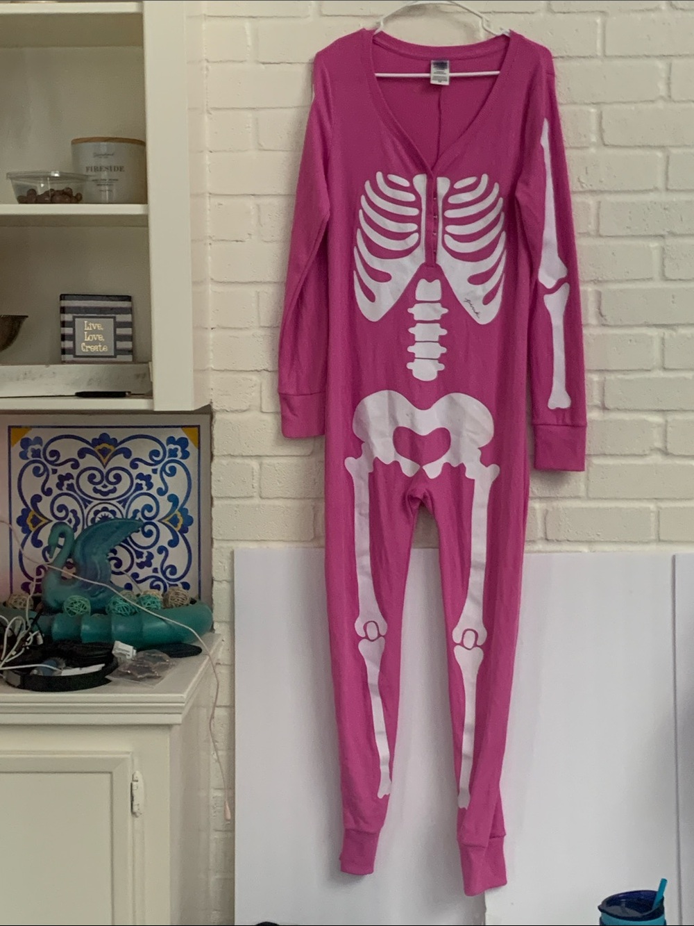 PINK Victoria's Secret Hot Pink Skeleton One-Piece Pajamas